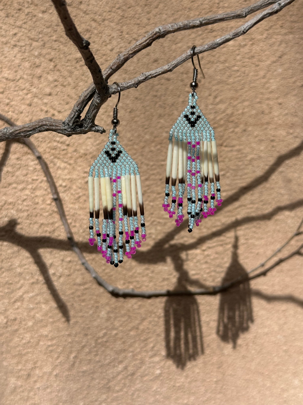 Beaded earrings - blue & pink - Porcupine Quills