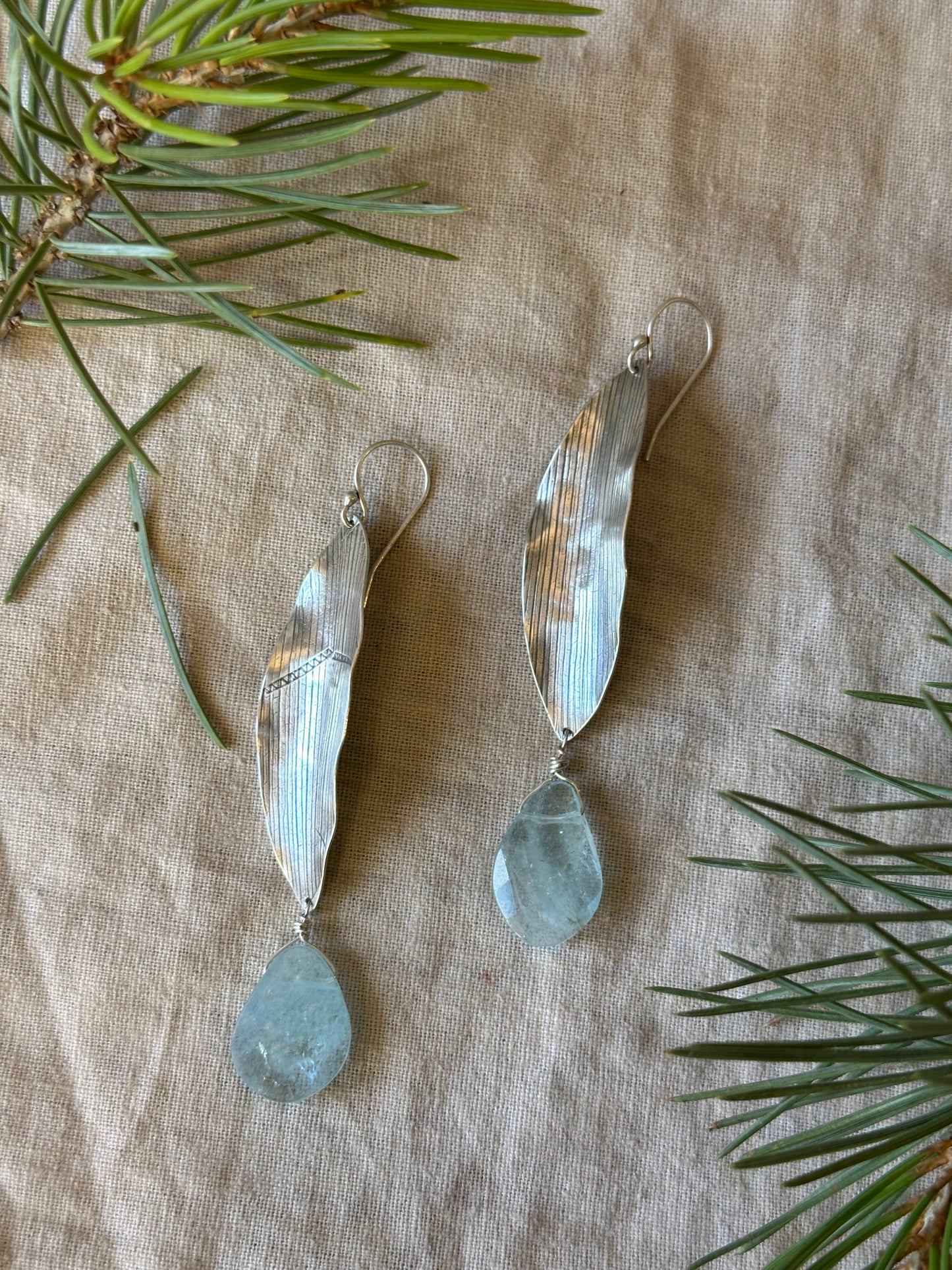 Aquamarine Corn Leaf earrings - Sterling Silver