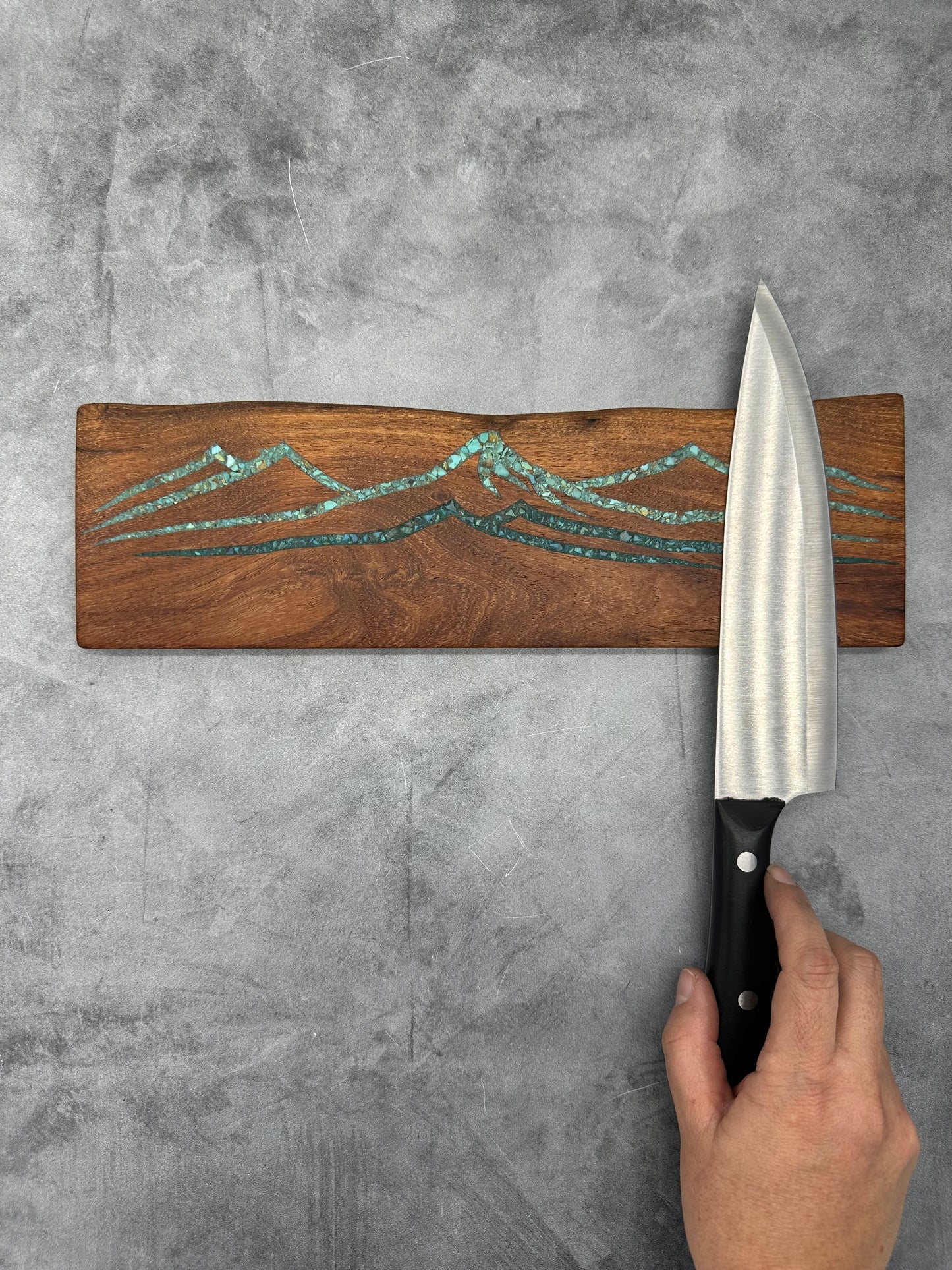 Knife block with Kingman and Peruvian turquoise inlaid ~ Mountains Design