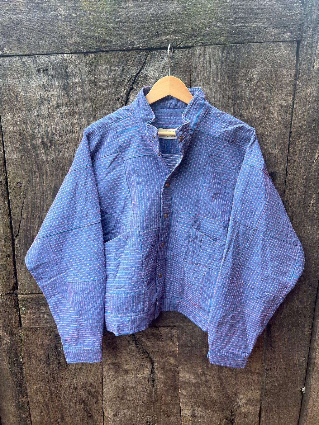 Bomber Patched Jacket - Light blue Denim cotton with Pink threads