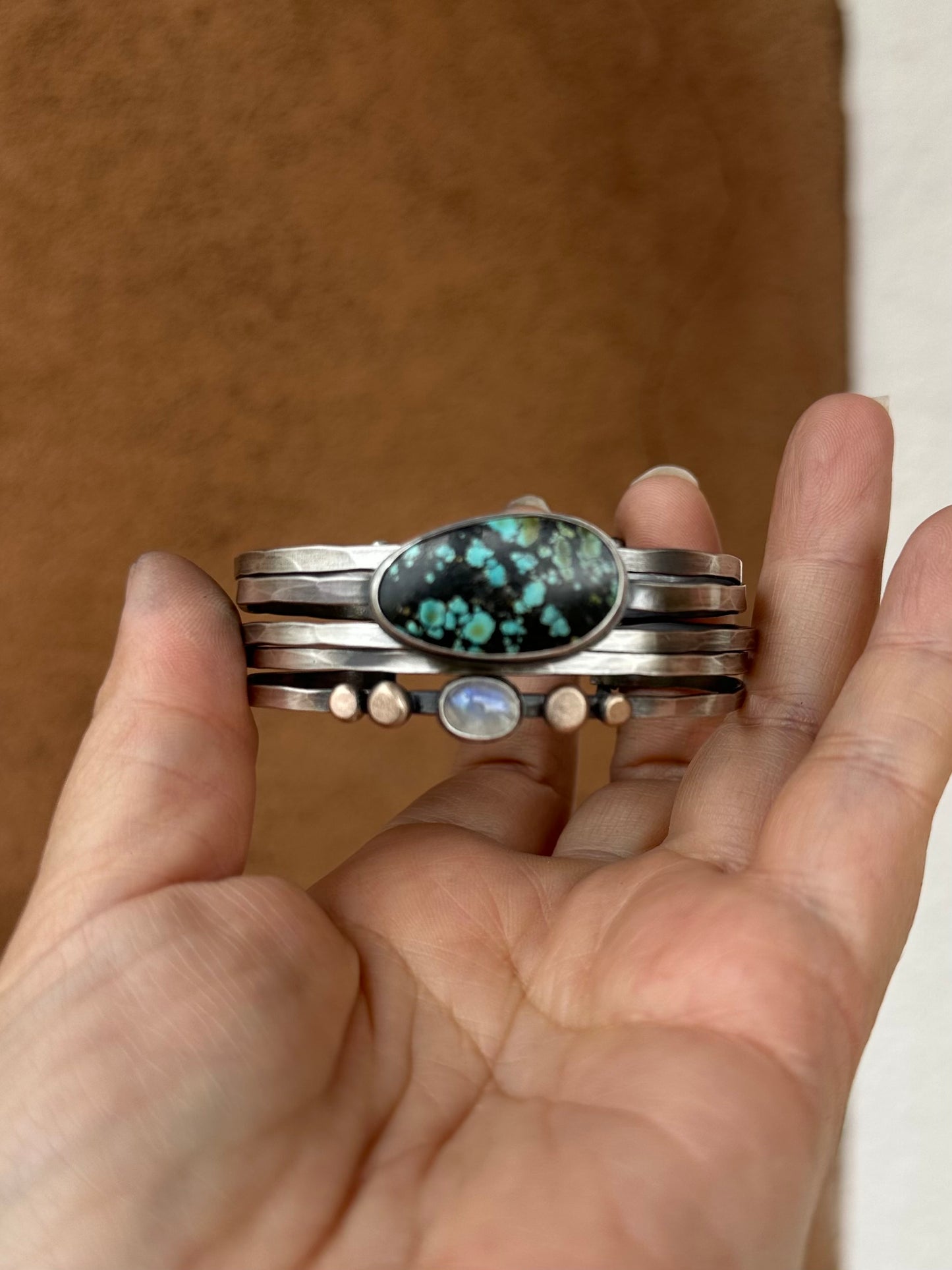 Stacked - Attached Bracelet - Blackjack Turquoise and Rainbow Moonstone- Cuff with Movement - ready to ship