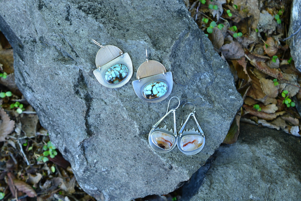 Hubei Turquoise Earrings - Sterling Silver and Corn Husk imprinted Brass