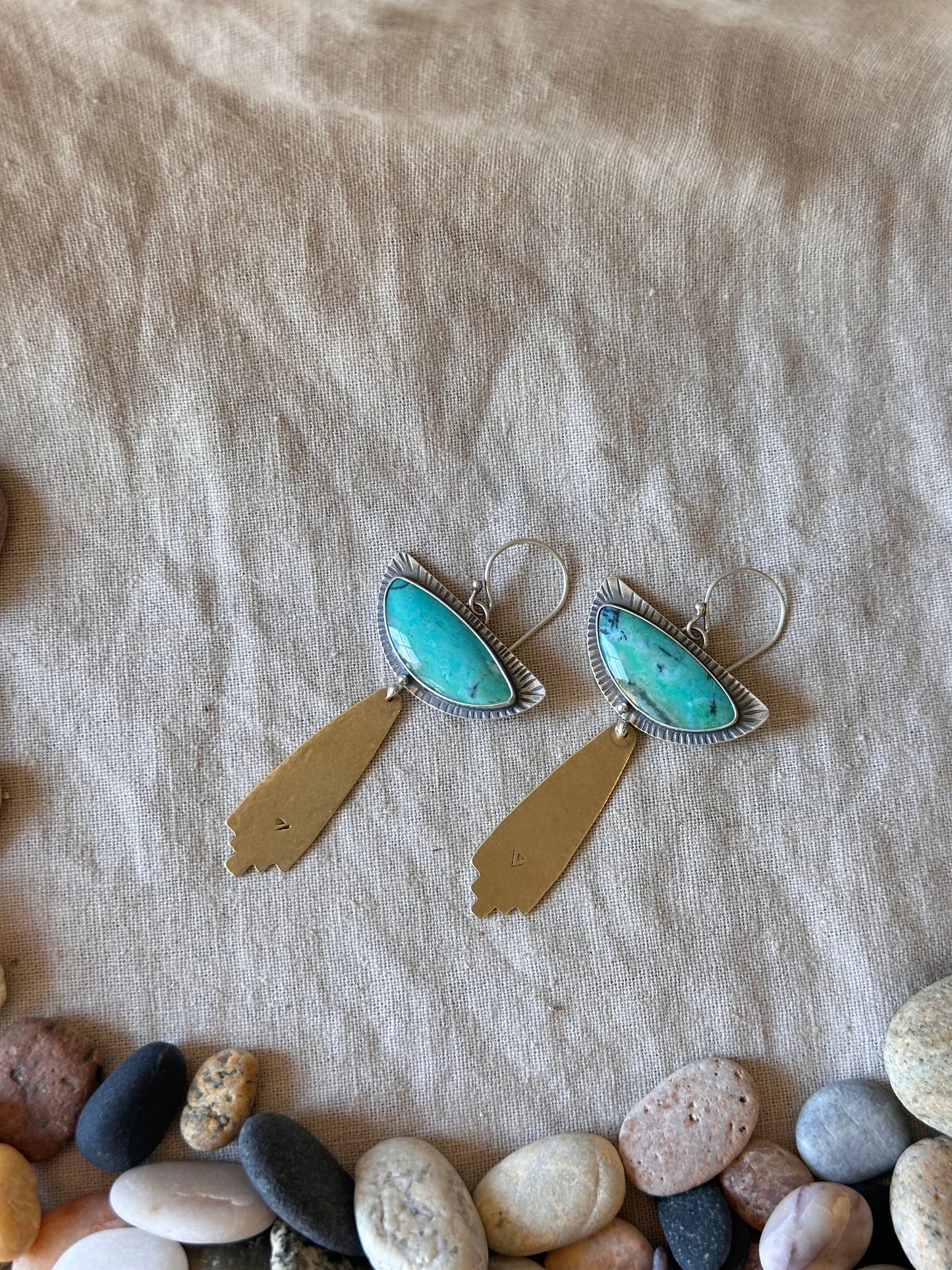 Fossil Opal Wood Rain Earrings - Sterling Silver and Brass