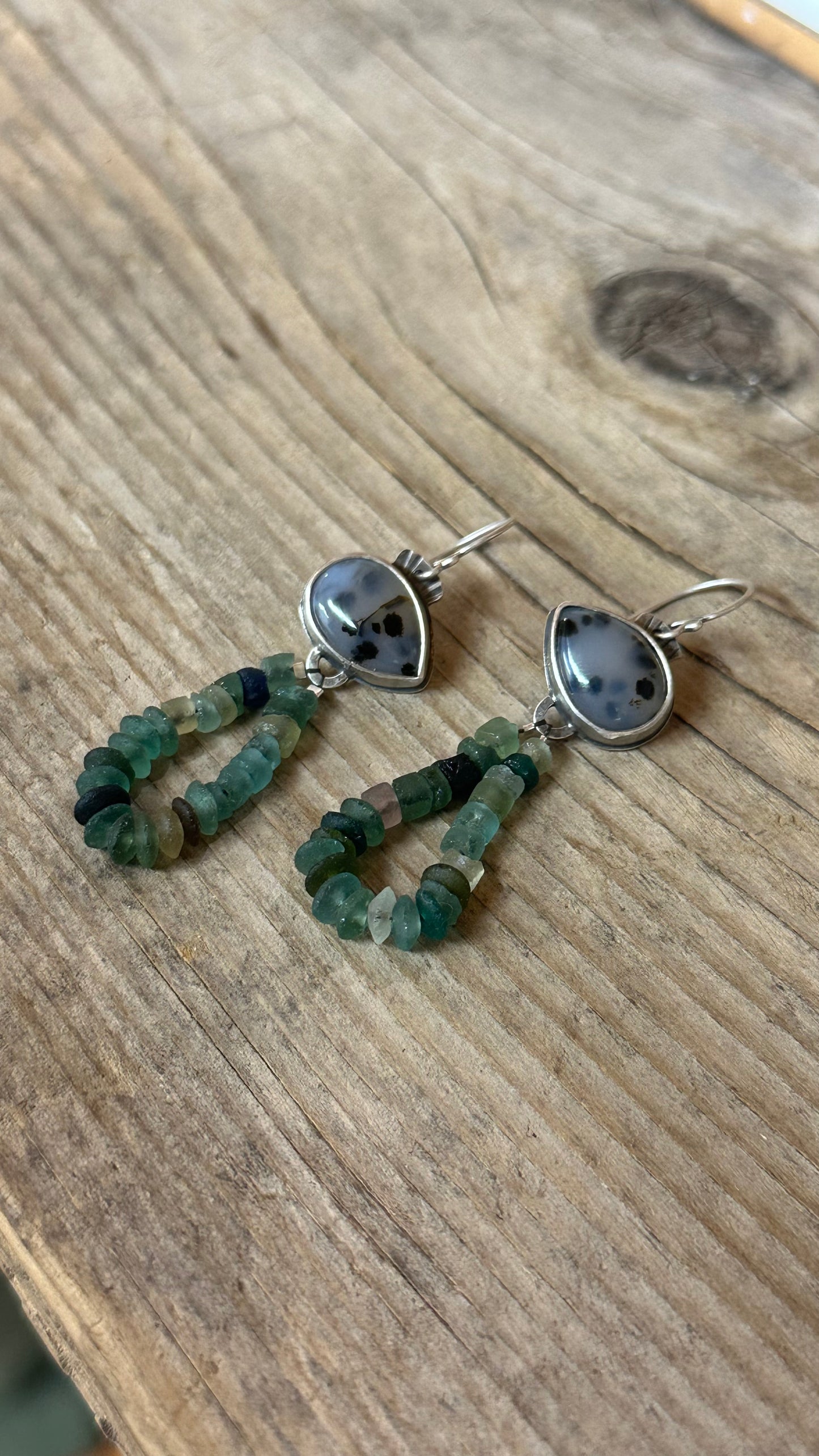 Montana Agate and Roman Glass Dangling Earrings ~ Sterling silver