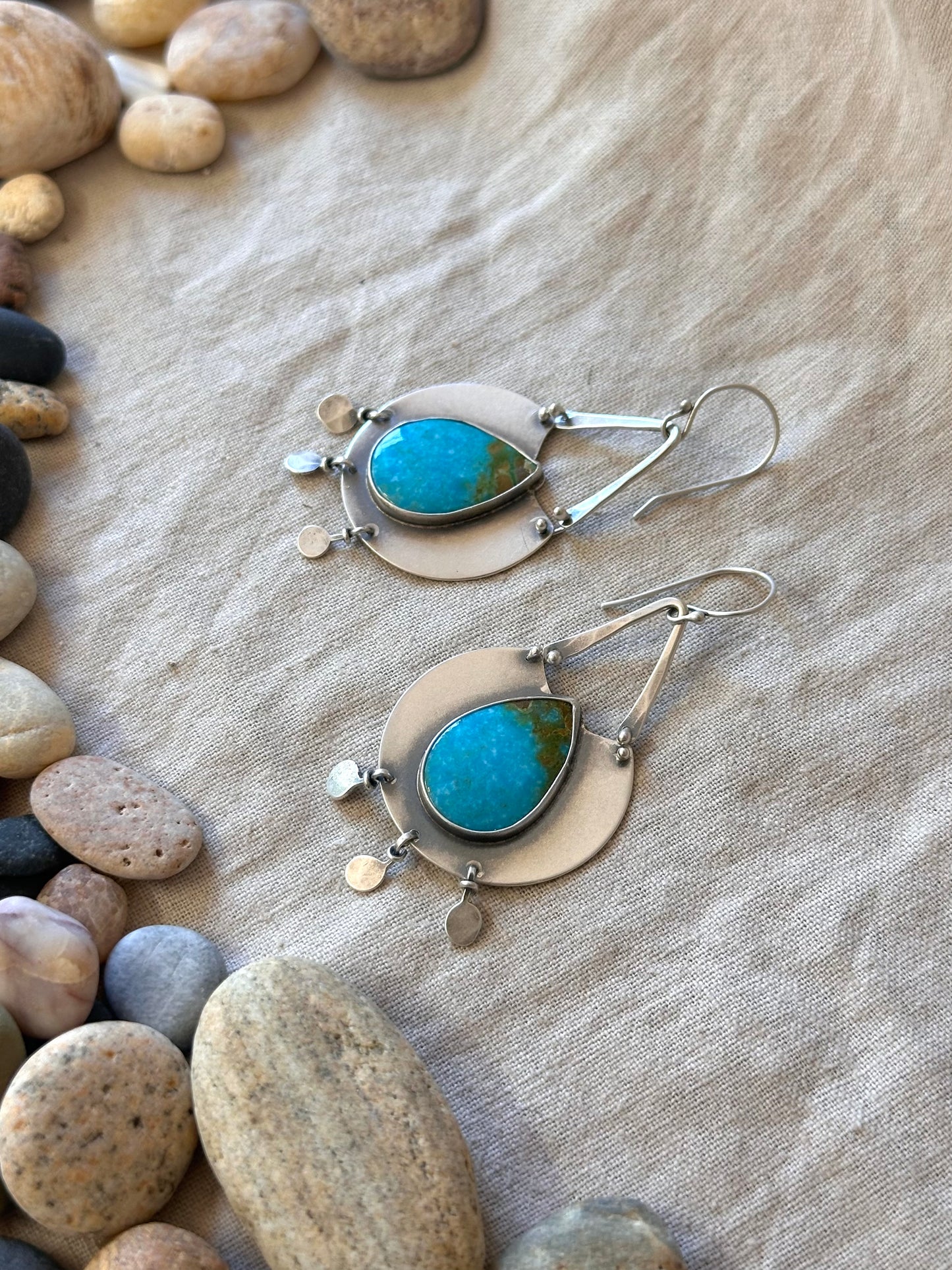 Royston Turqouise Statement Earrings - sterling silver and hammered bronze