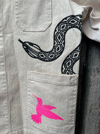 Screenprinted utility jacket with buttons