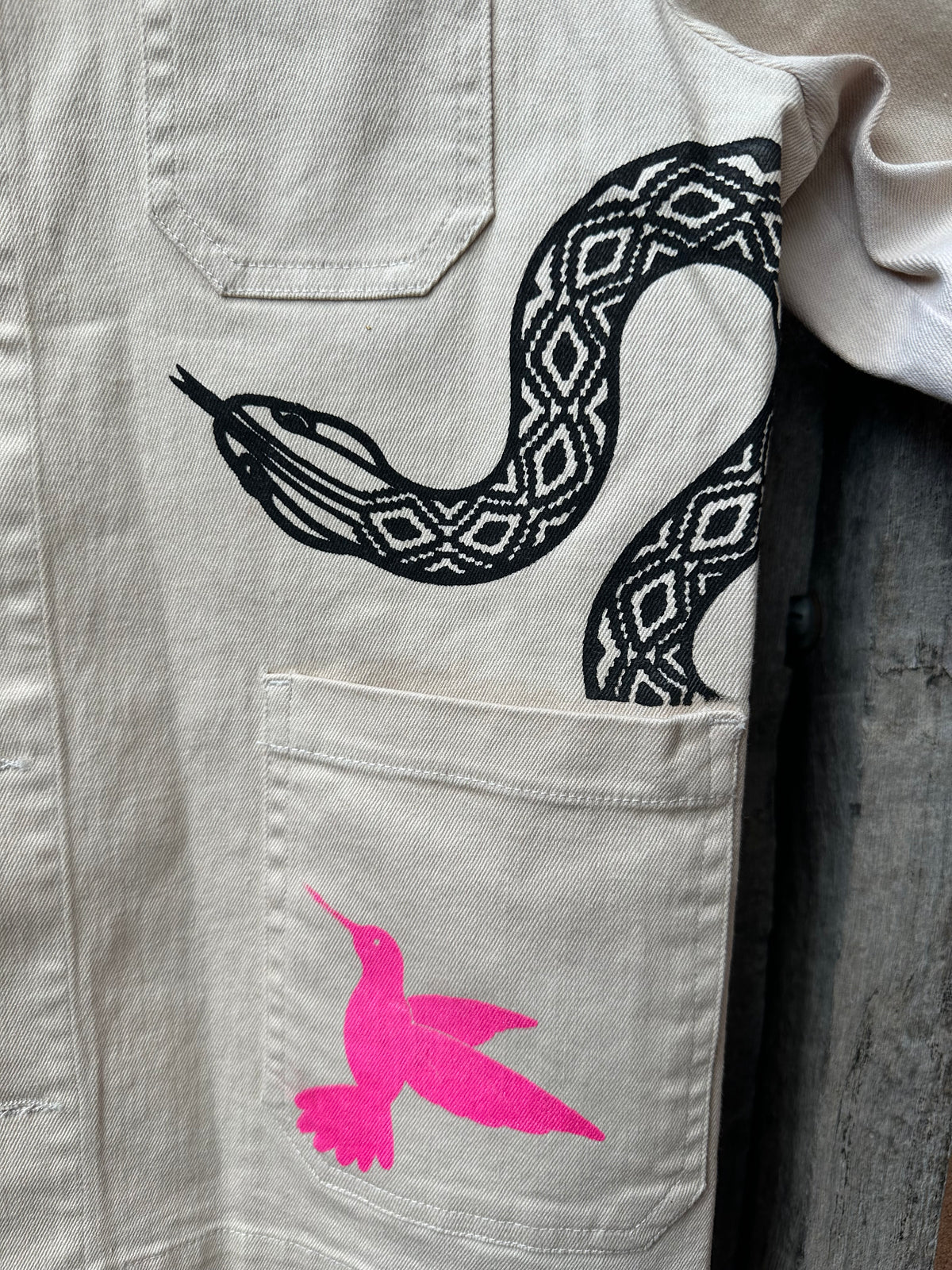 Screenprinted utility jacket with buttons