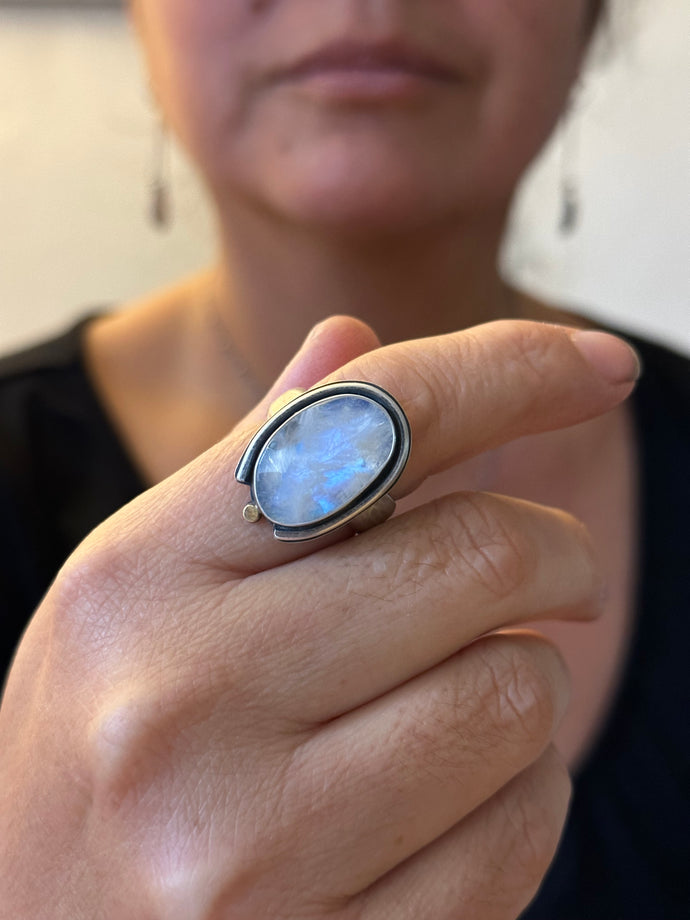 Rainbow Moonstone ~ Sterling Silver Ring - Size 8 ~22k gold