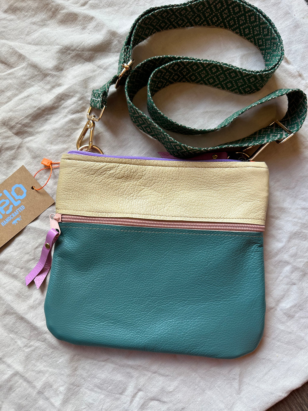 Crossbody Bag • Double Zip • Cream & Teal