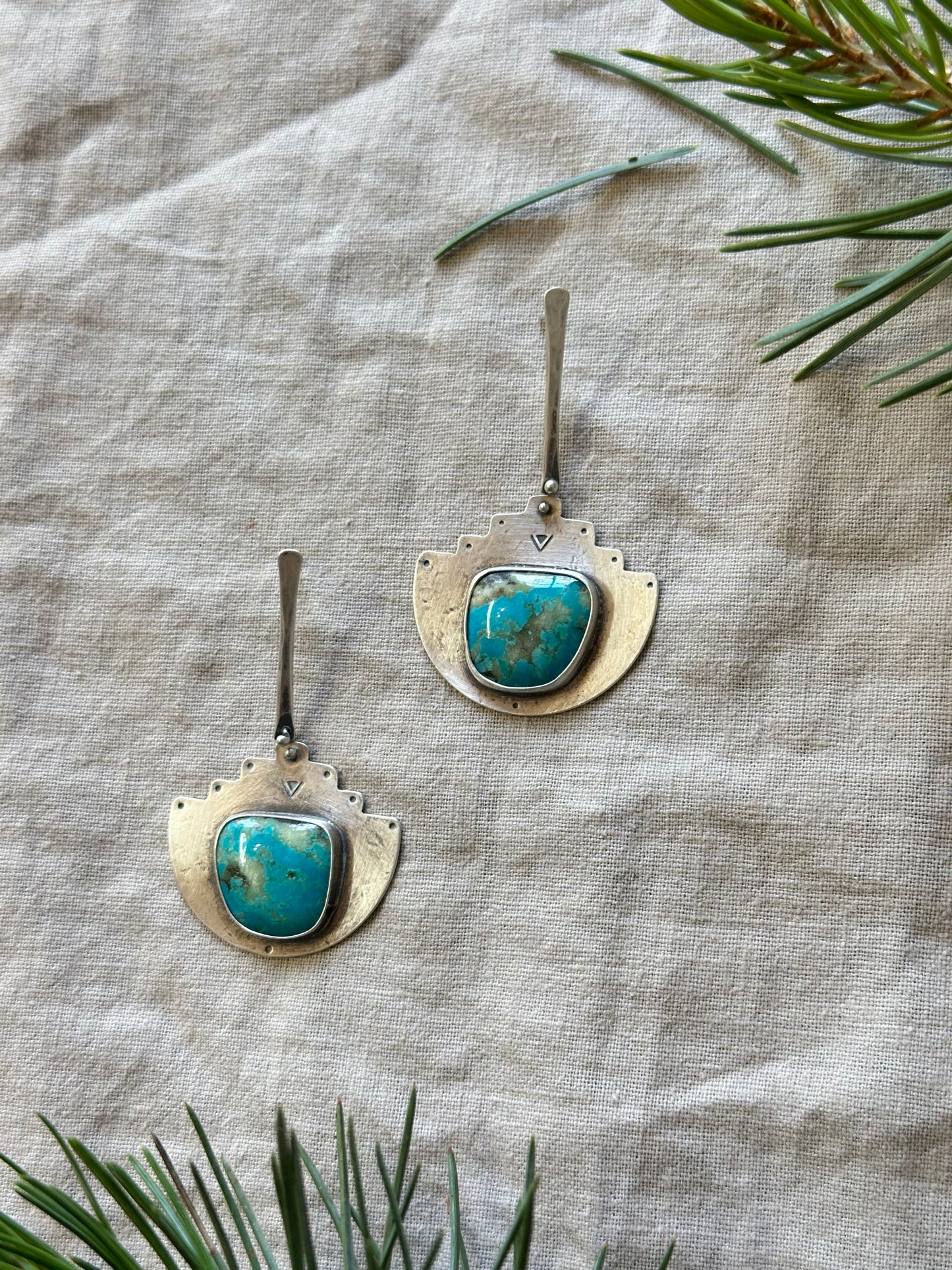 Peruvian Amazonite Post long earrings - sterling silver and bronze