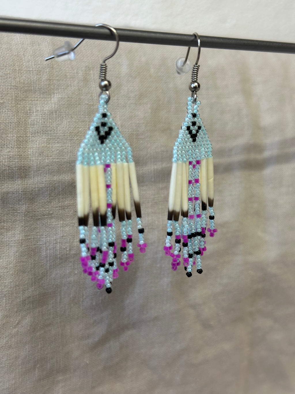 Beaded earrings - blue & pink - Porcupine Quills