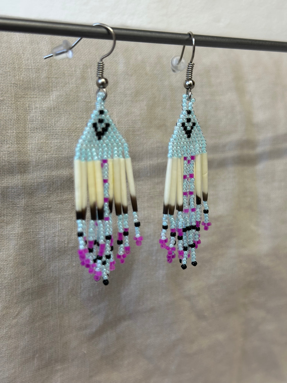 Beaded earrings - blue & pink - Porcupine Quills