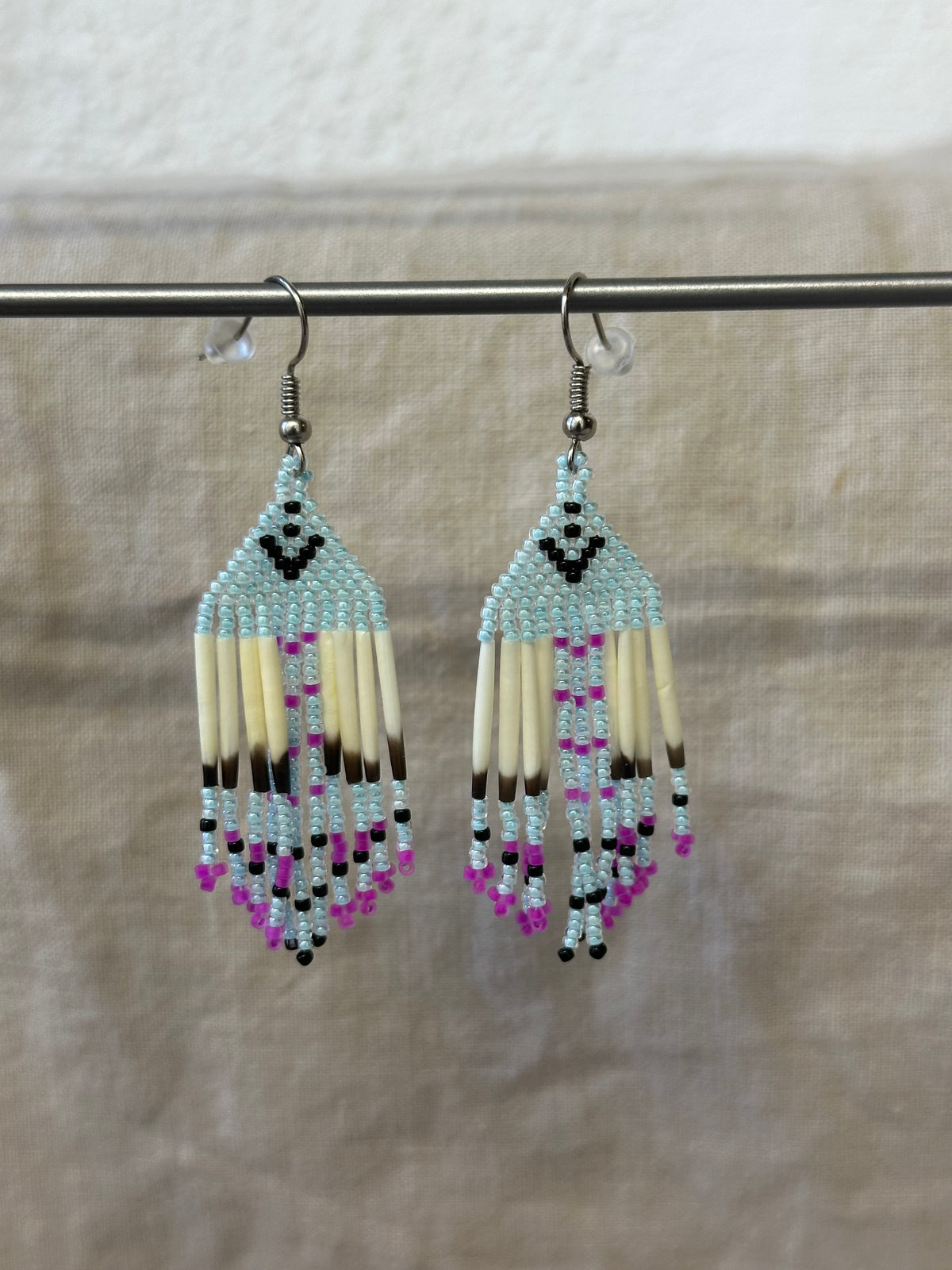 Beaded earrings - blue & pink - Porcupine Quills