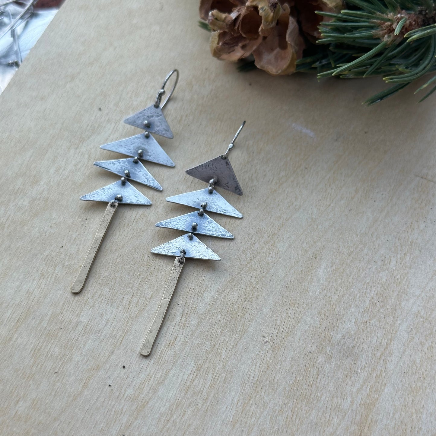 Pine Earrings ~ Connecting Triangle earrings - Bronze and Sterling silver