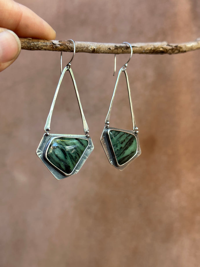 Zebra Emerald ~ Geometric dangle earrings - Sterling Silver