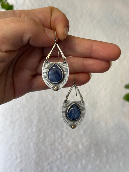Blue Kyanite Statement Earrings - sterling silver and bronze dot