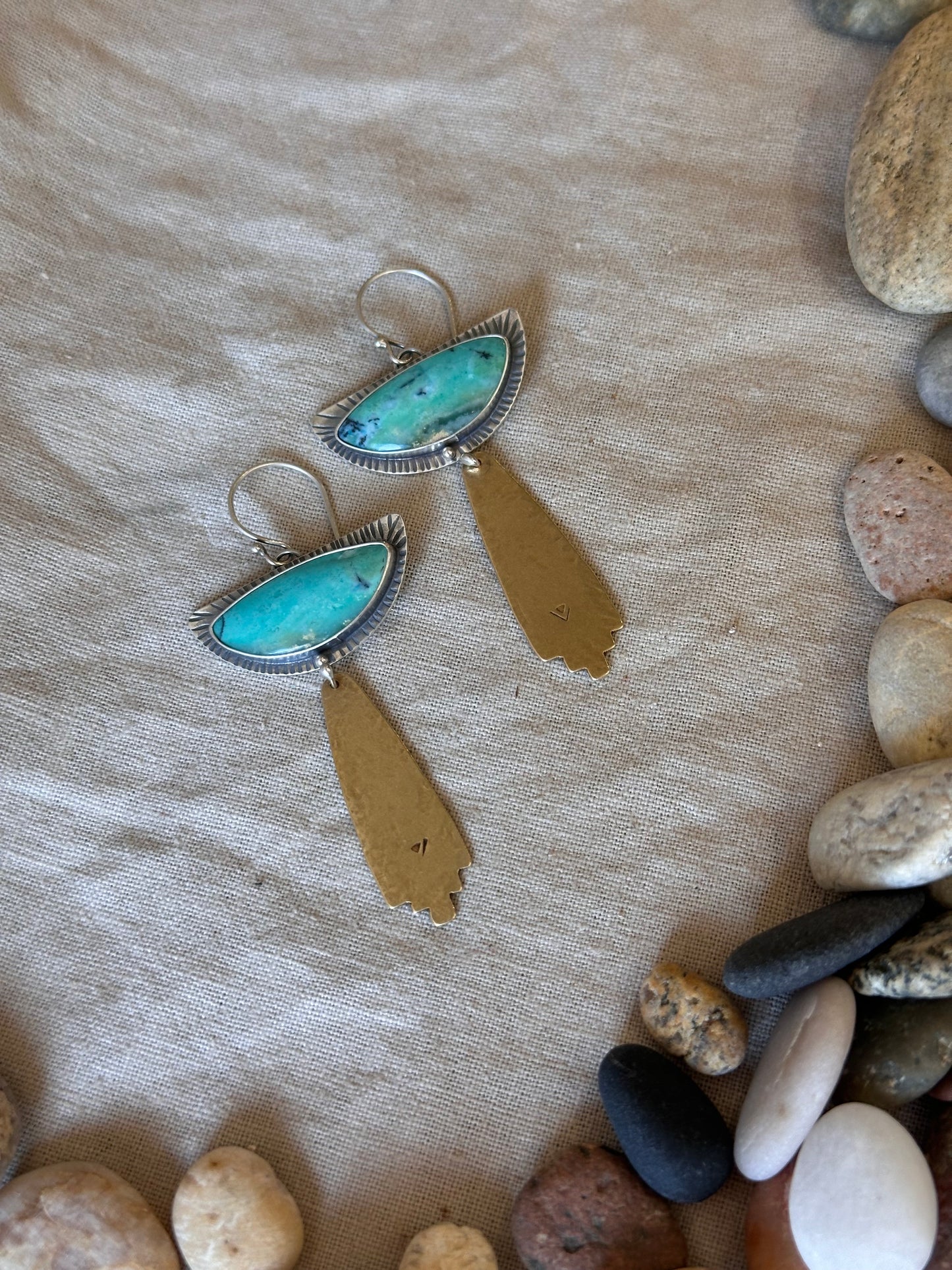 Fossil Opal Wood Rain Earrings - Sterling Silver and Brass