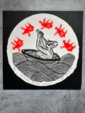 Desfilan Las Penas Guardadas- Linocut Round Print