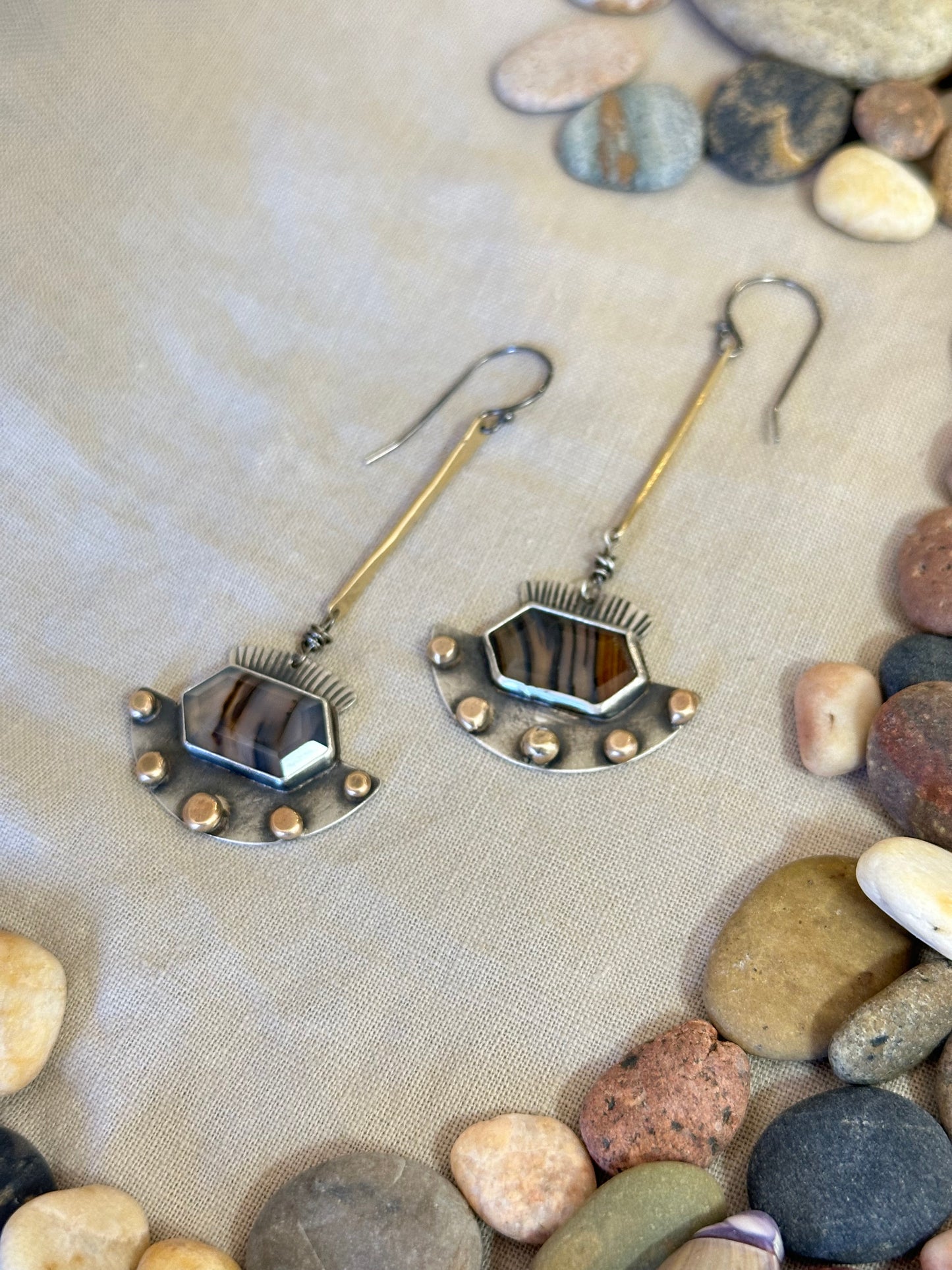 Montana Agate statement earrings - sterling silver and bronze