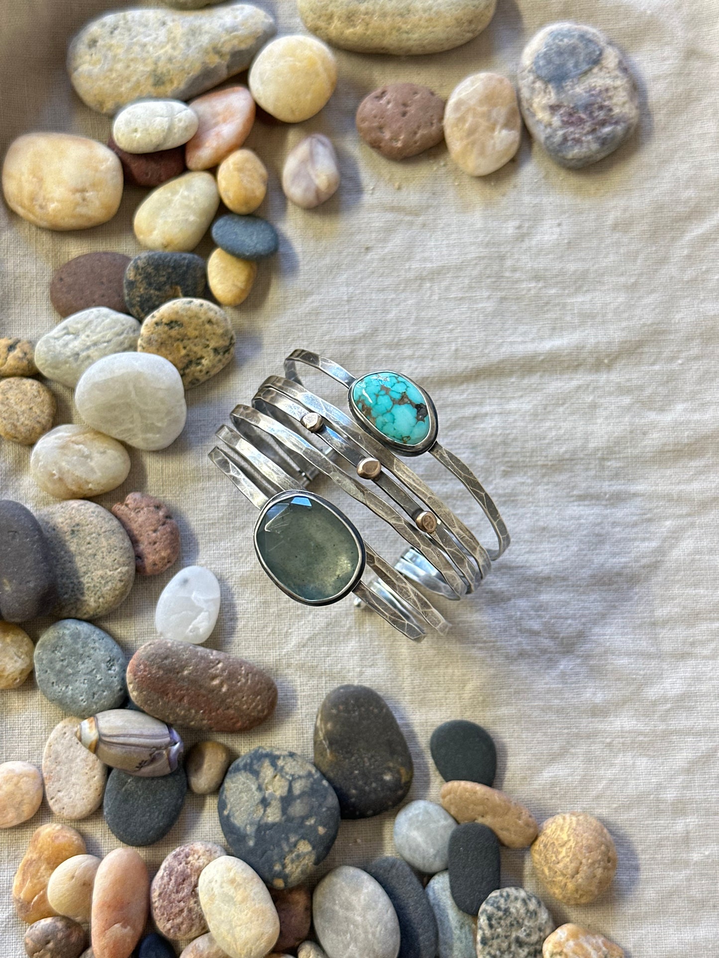Stacked - Attached Bracelet -  Carico Lake Turquoise and Moss Aquamarine ~ Cuff with Movement