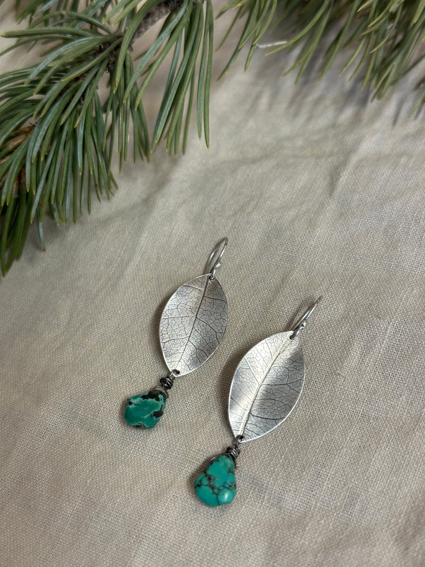 sterling silver leaf earrings  ~ turquoise and Sterling silver