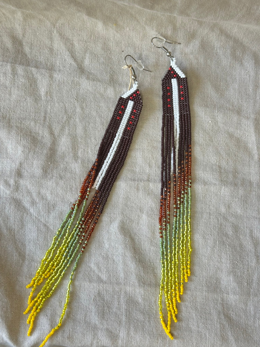 Beaded Fringe Earrings - Snow with Autum trees and leaves changing colors