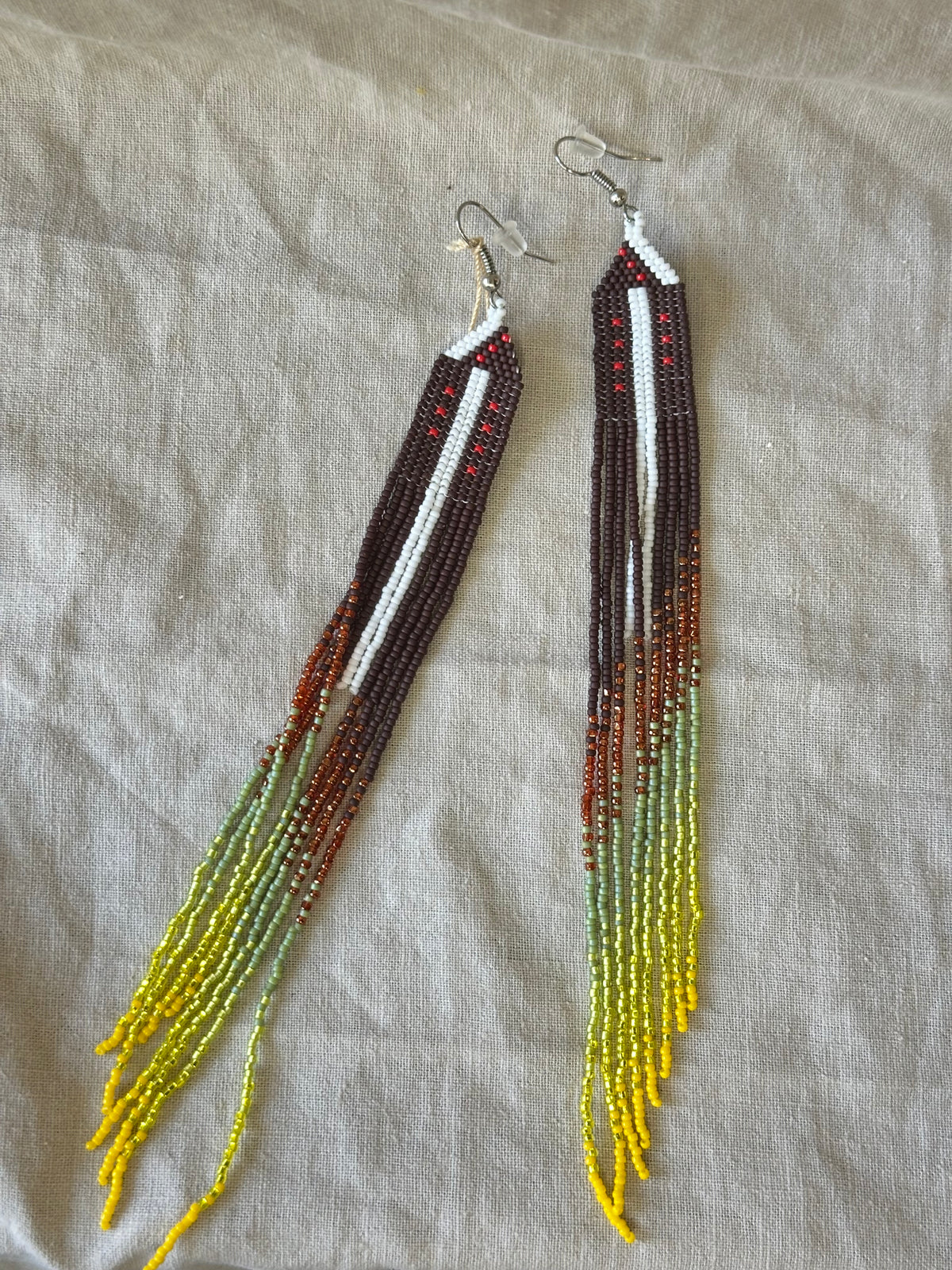 Beaded Fringe Earrings - Snow with Autum trees and leaves changing colors