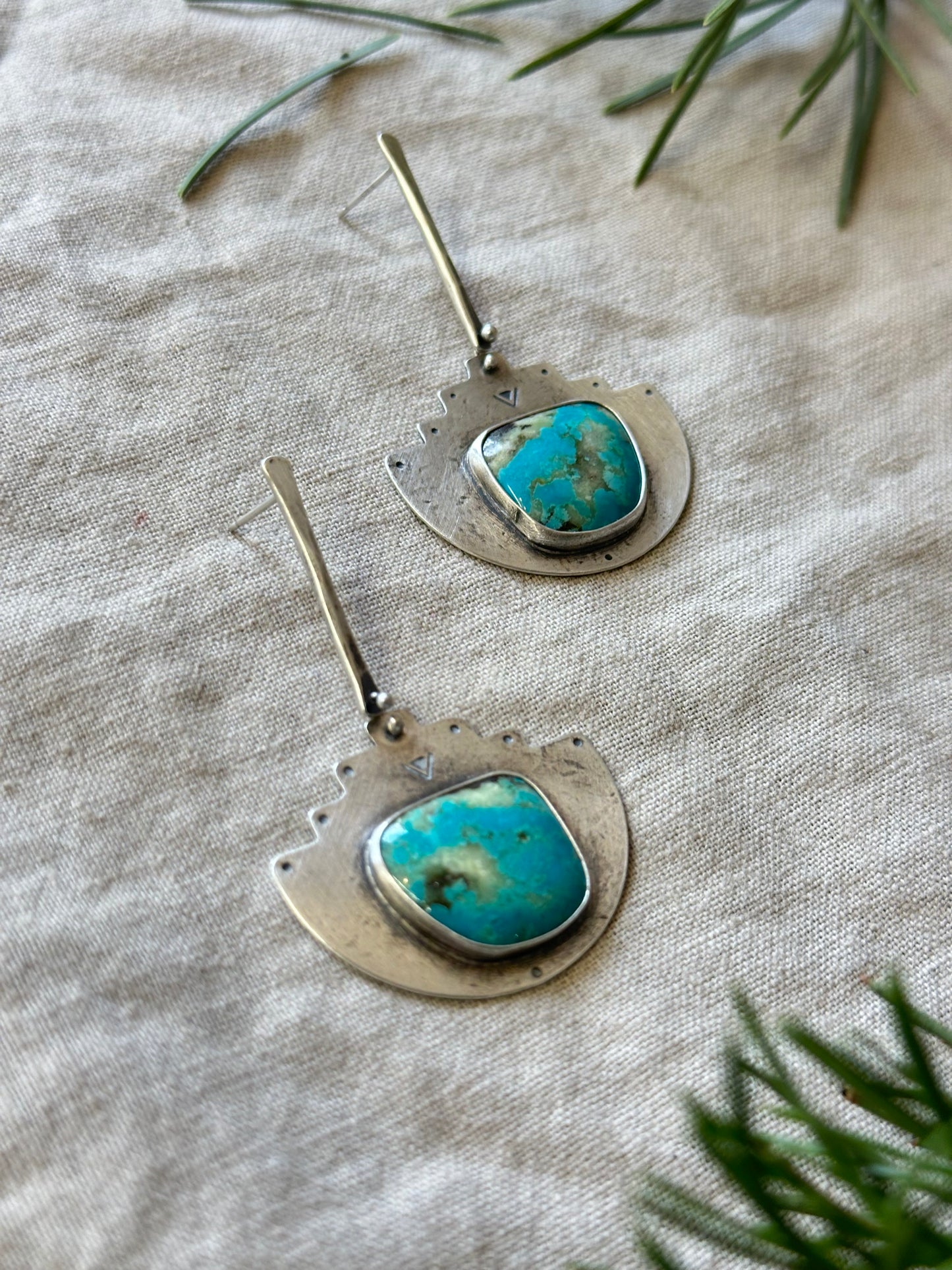 Peruvian Amazonite Post long earrings - sterling silver and bronze