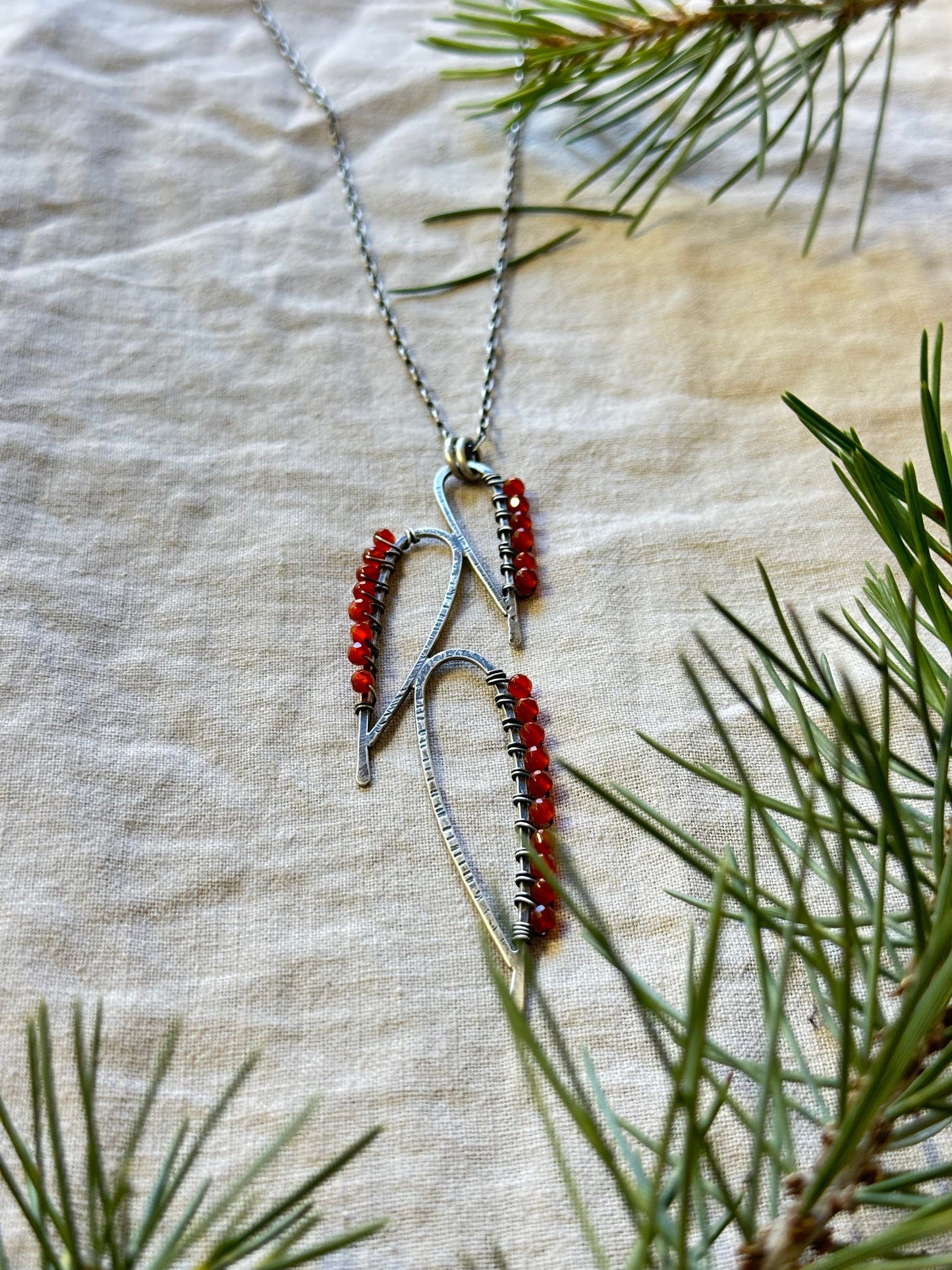 Leaves wrapped with Carnelian beads Pendant Necklace - Long necklace