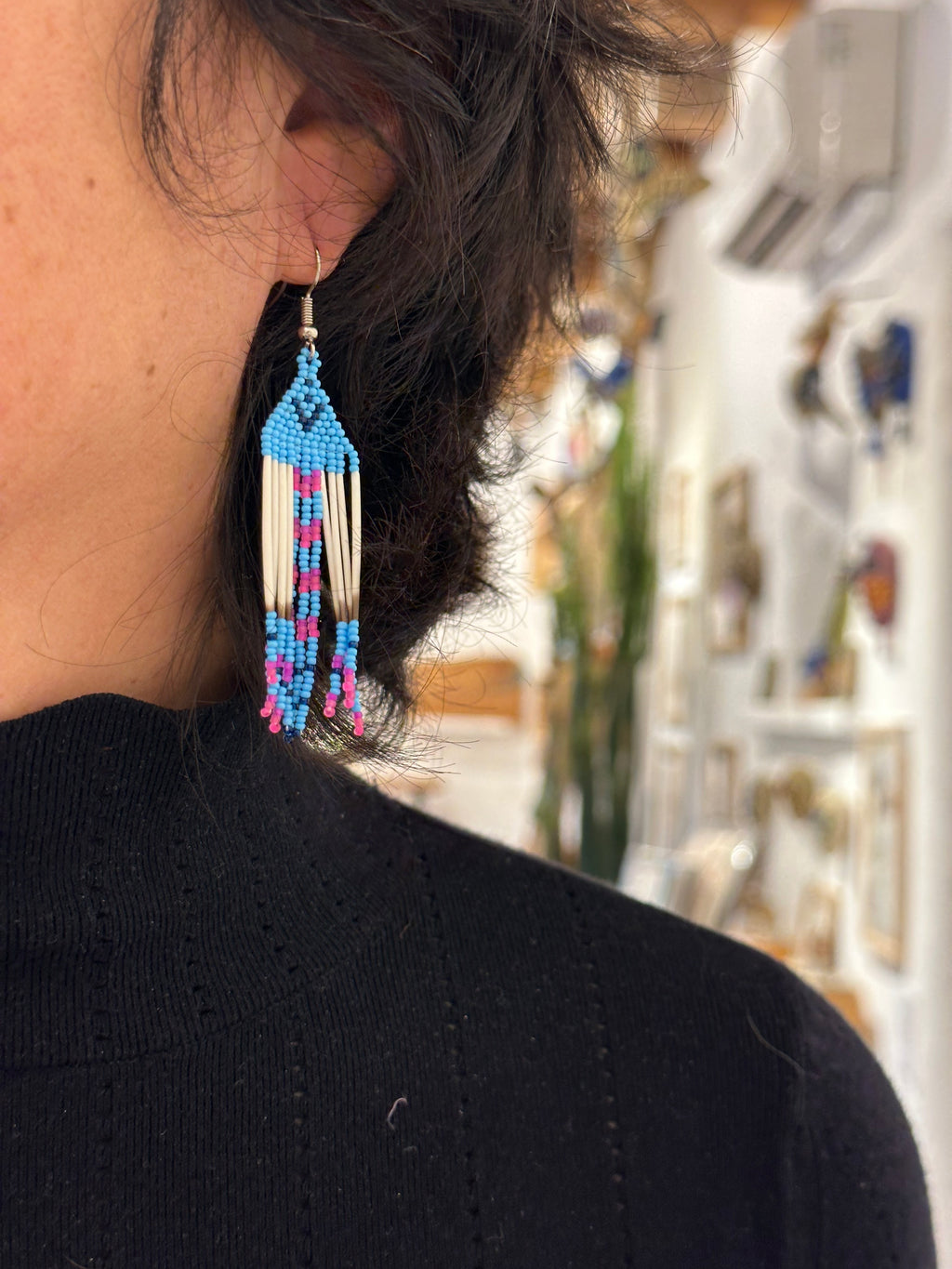 Beaded earrings - pink & turquoise - Porcupine Quills