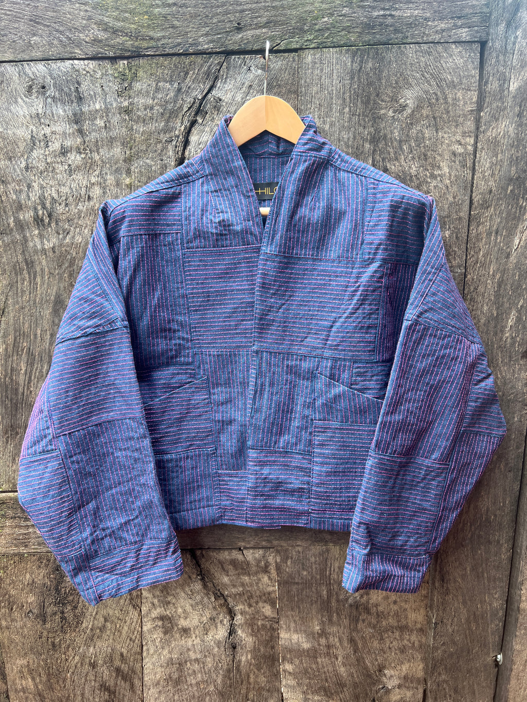 Kimono jacket - Denim cotton and pink thread