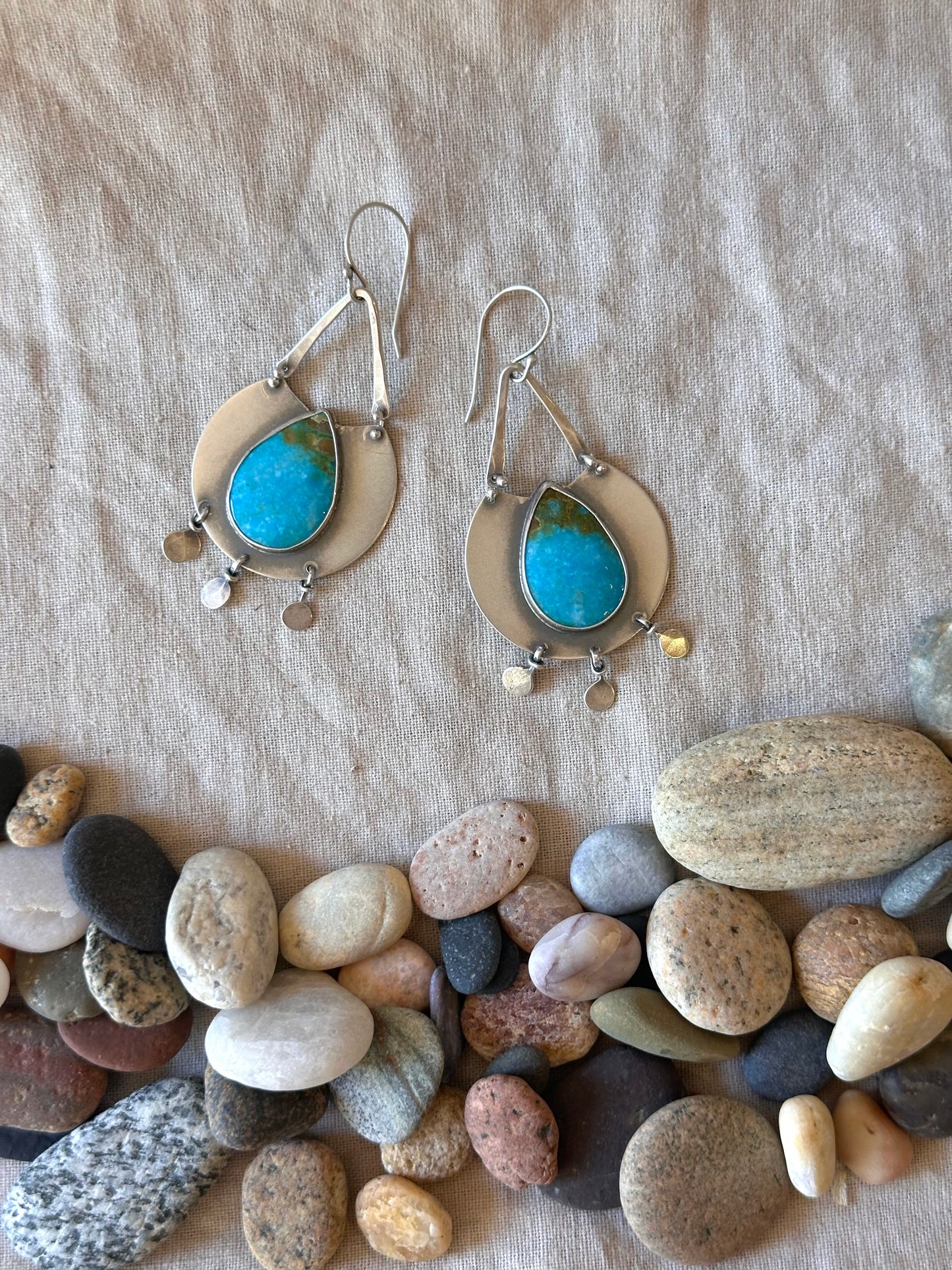 Royston Turqouise Statement Earrings - sterling silver and hammered bronze