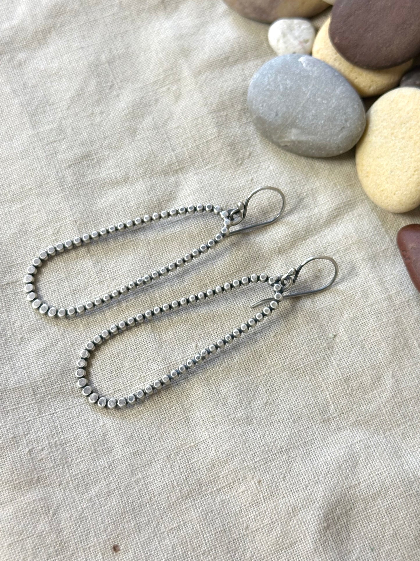 Beaded wire long hoops - Sterling Silver
