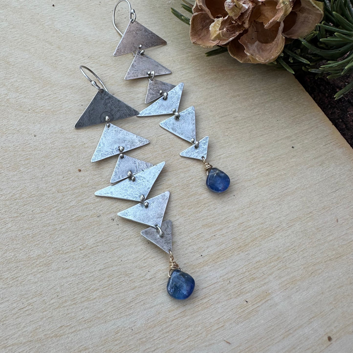 Blue Kyanite and Silver triangles connected earrings