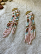 Beaded Fringe Earrings with metal hardware - Pink & brown accents of blue
