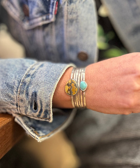 Stacked - Attached Bracelet -  Royston and Hubei Turquoise ~ Cuff with Movement - ready to ship