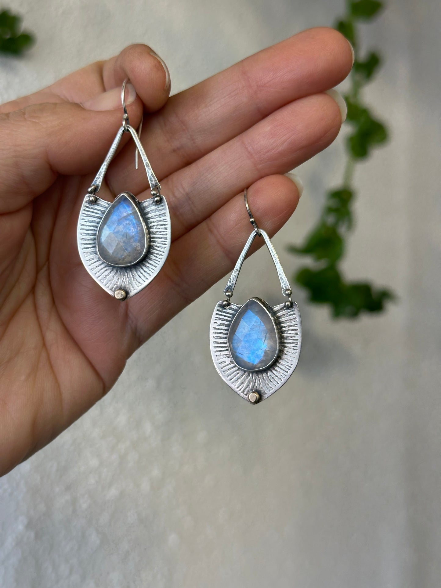 Rainbow Moonstone Statement Earrings - sterling silver and bronze dot