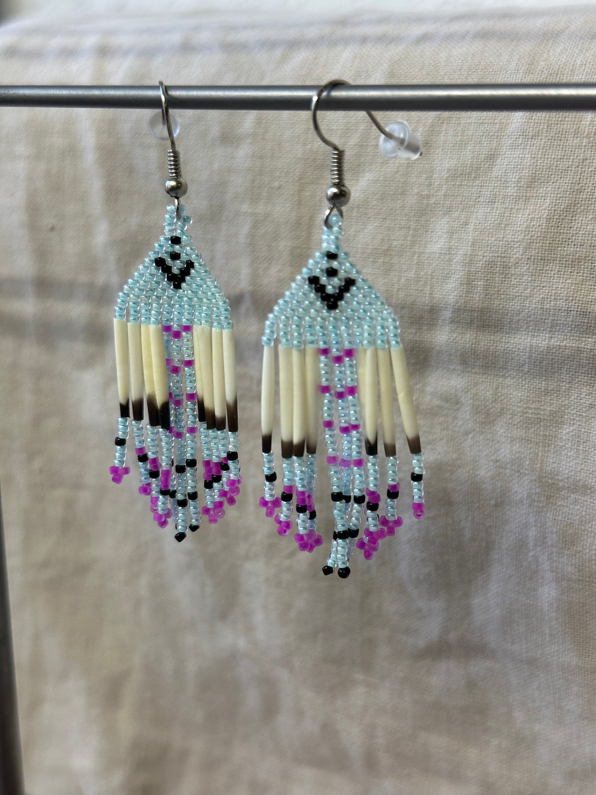 Beaded earrings - blue & pink - Porcupine Quills