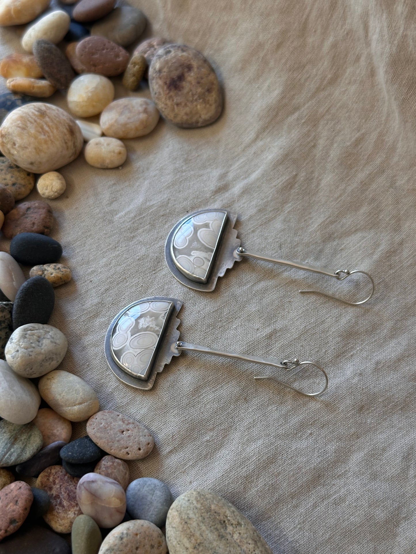 Orbicular Agate Shield Earrings - Sterling Silver