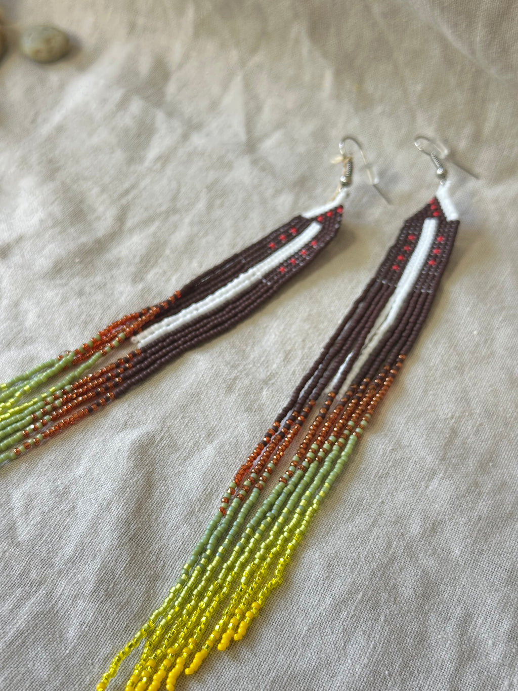 Beaded Fringe Earrings - Snow with Autum trees and leaves changing colors