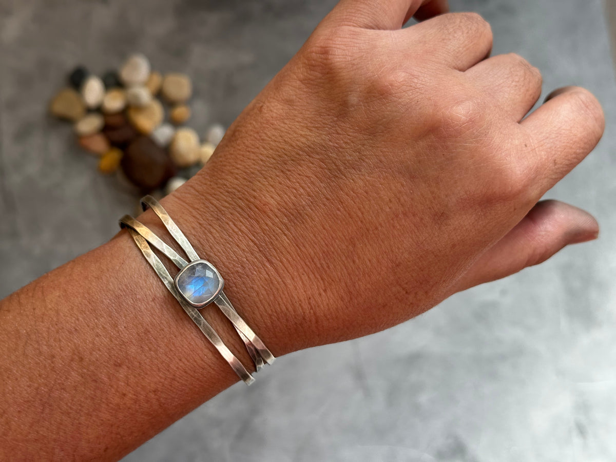 Rainbow Moonstone Stacked Cuff Bracelet