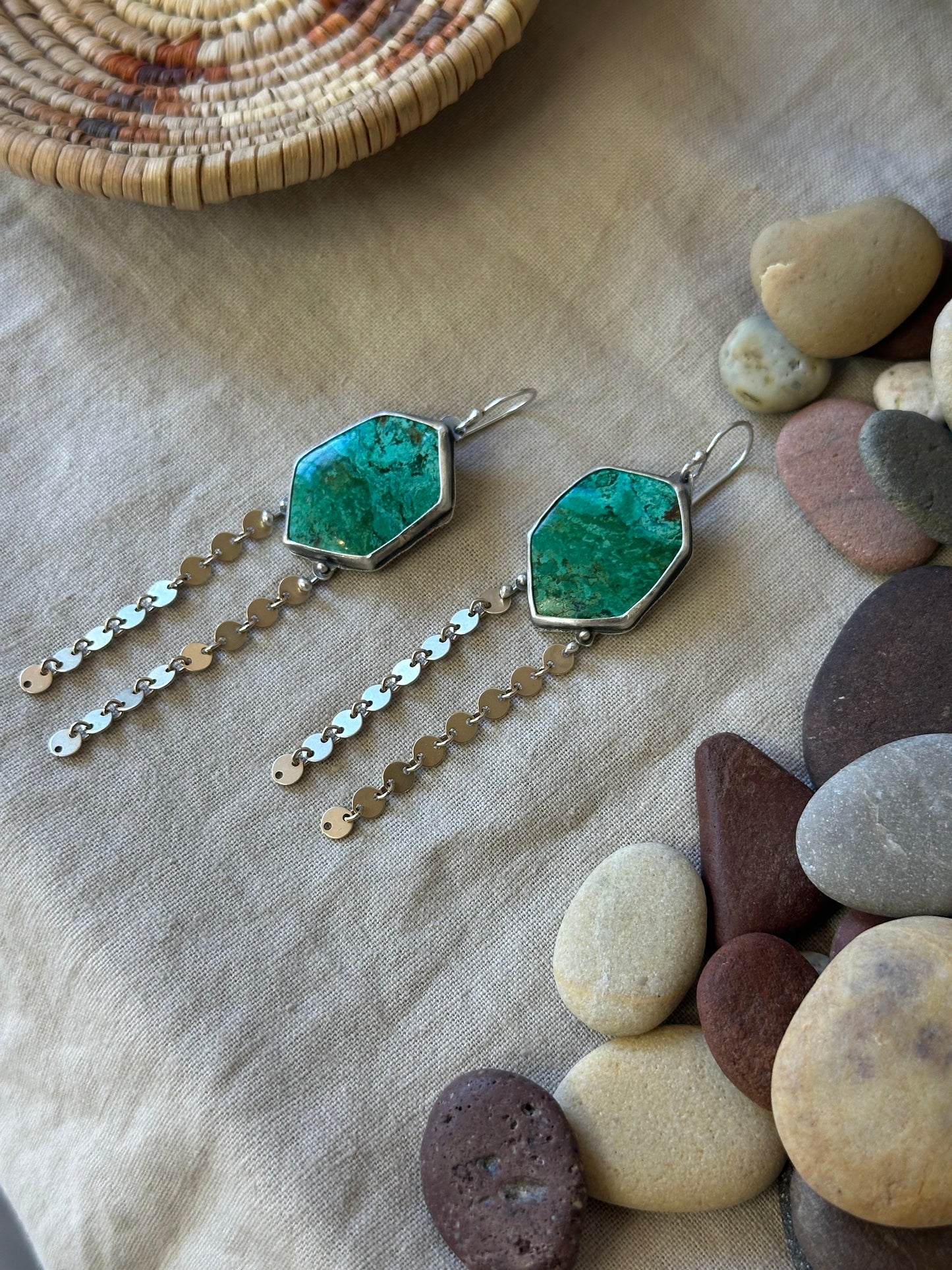 Peruvian Chrysocolla Dangle Earrings - Sterling Silver and Gold filled