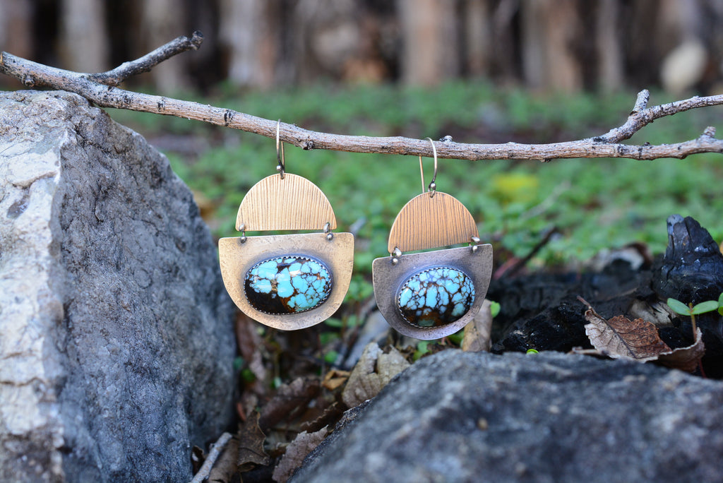 Hubei Turquoise Earrings - Sterling Silver and Corn Husk imprinted Brass