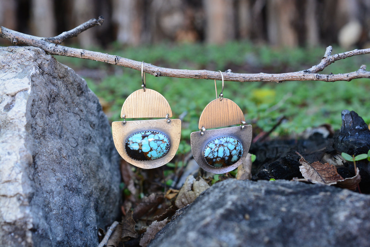 Hubei Turquoise Earrings - Sterling Silver and Corn Husk imprinted Brass