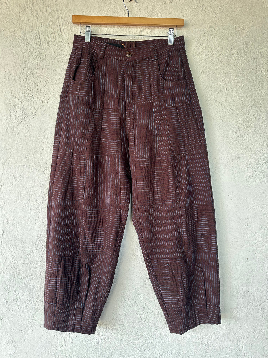 High Waisted Barrel Pants - Brown & turq stitch