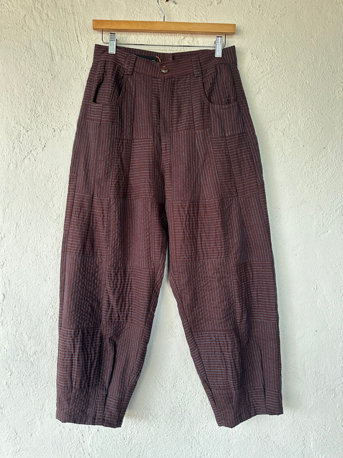 High Waisted Barrel Pants - Brown & turq stitch