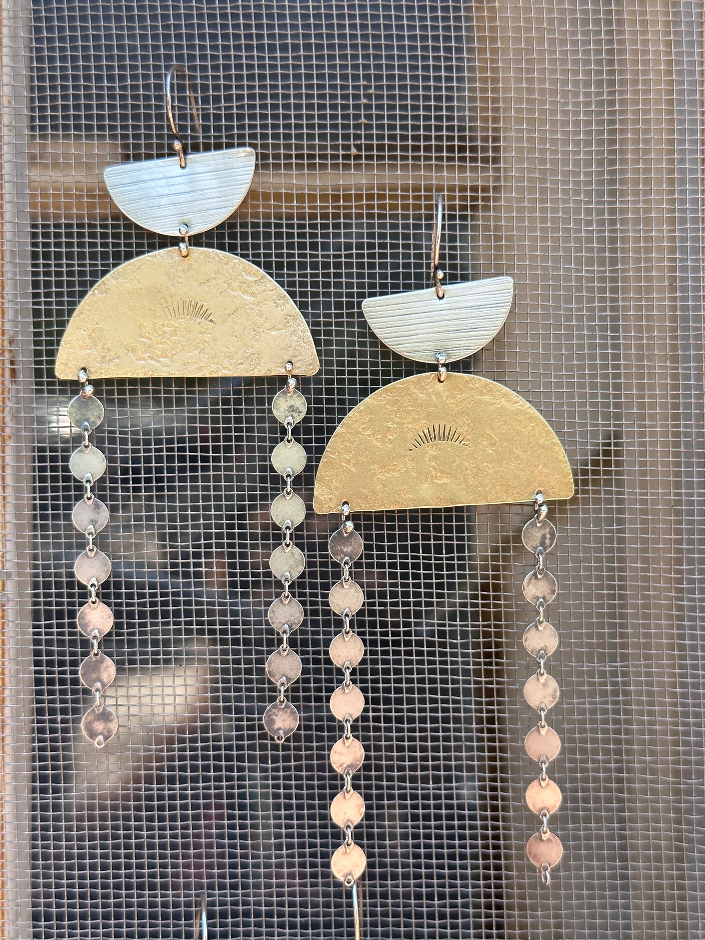 Connected geometric dangle earrings - Sterling Silver and Brass