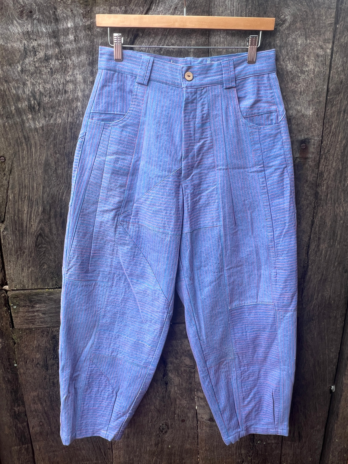 High Waisted Barrel Pants - Light Blue Denim and pink thread