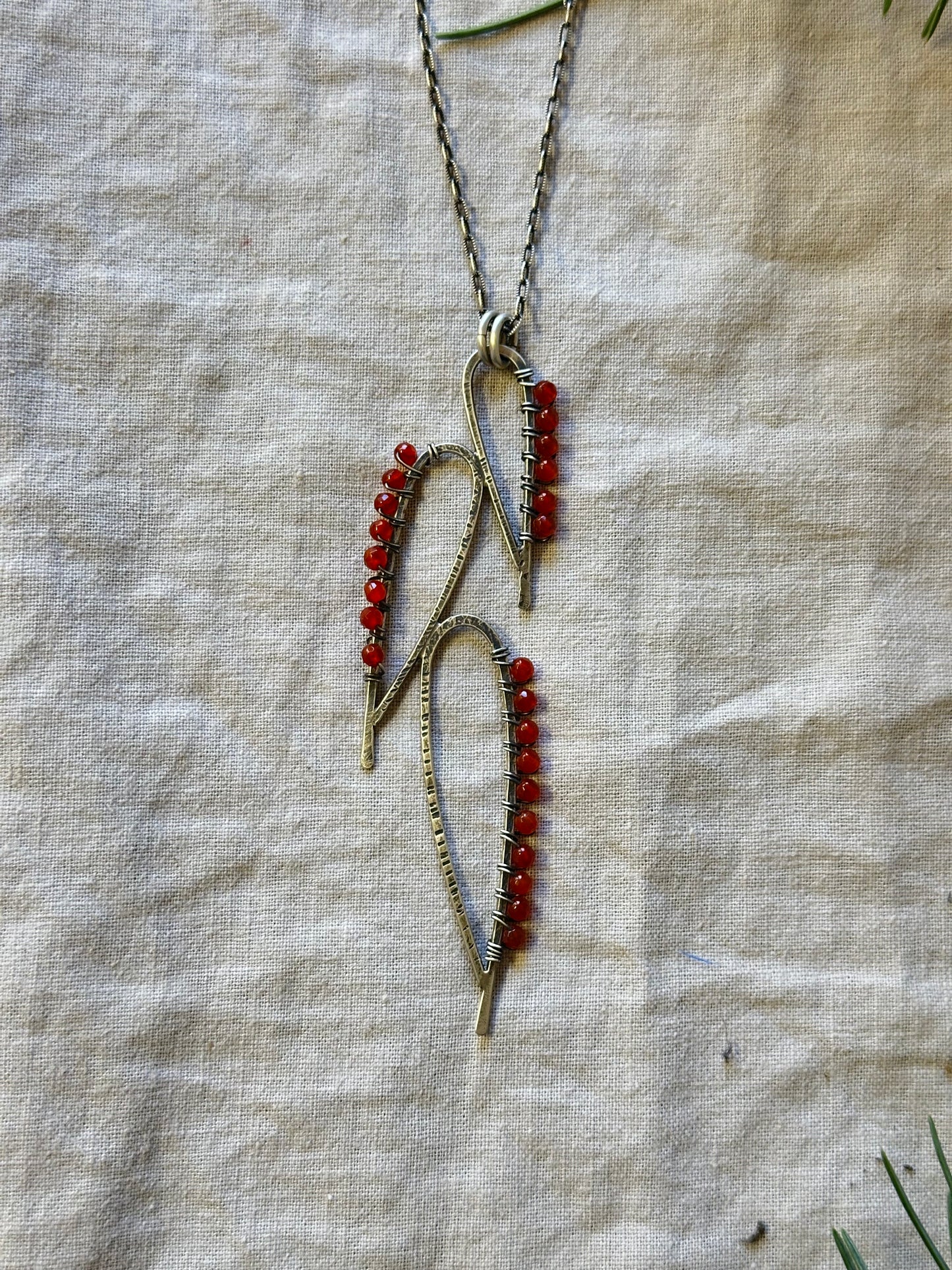 Leaves wrapped with Carnelian beads Pendant Necklace - Long necklace