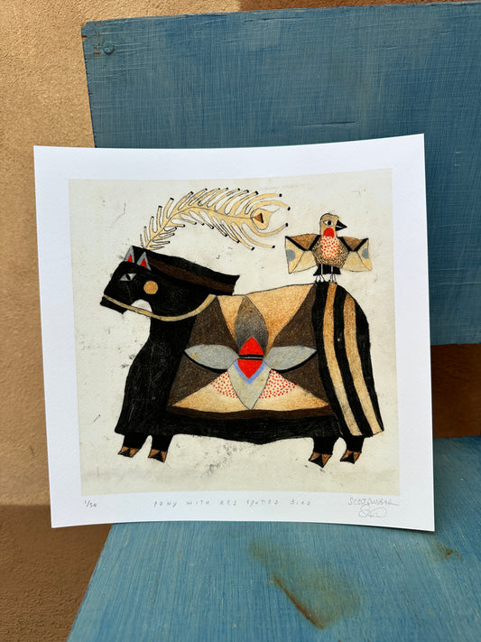 Pony with red spotted bird - Print 12 x 12 - LIMITED EDITION